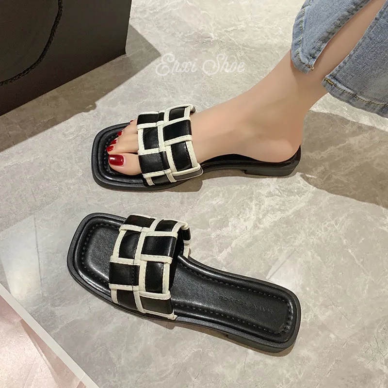 Oeggeo shop Dép Đế Bằng Kiểu Dệt Sọc Ca Rô Thời Trang Thường Ngày Cho Nữ