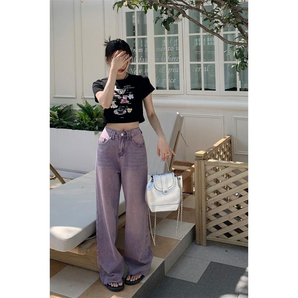 Quần Jean Nữ Lưng Cao Ống Rộng Màu Tím Thời Trang 64039