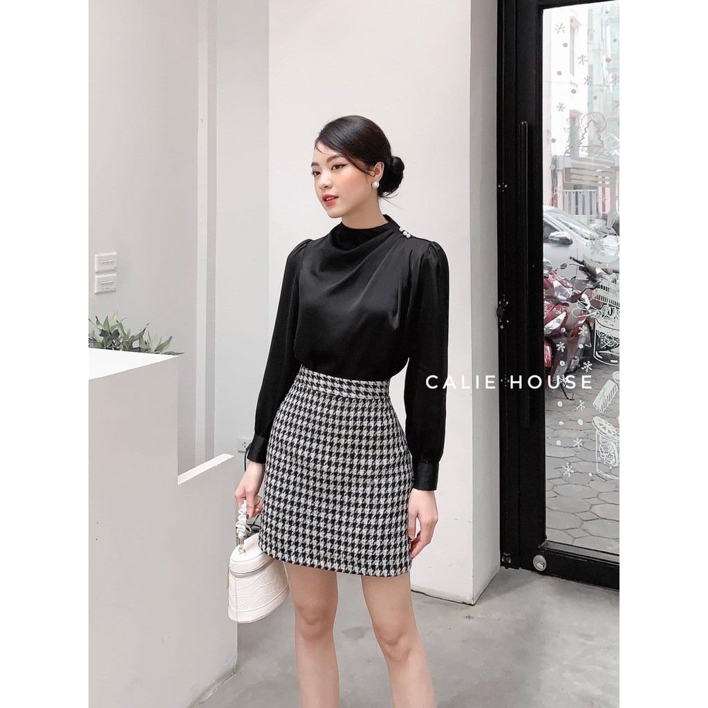 ÁO SƠ MI LỤA KIỂU CỔ CHÉO VAI ĐÍNH NGỌC