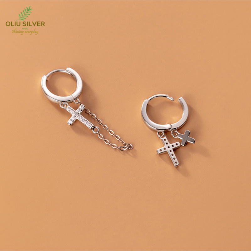 Bông Tai Bạc S925 Khoen Tròn Chữ Thập Cross Bất Đối Xứng Trẻ Trung Cá Tính | Khuyên Tai Nữ Trang Sức Bạc Thời Trang