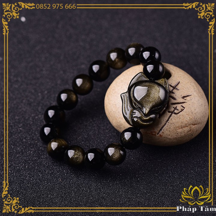 Vòng Tay Phong Thủy Hồ Ly Vượng Tình Duyên Đá Obsidian Màu Vàng Đen Cao Cấp - Tâm Phong Thủy