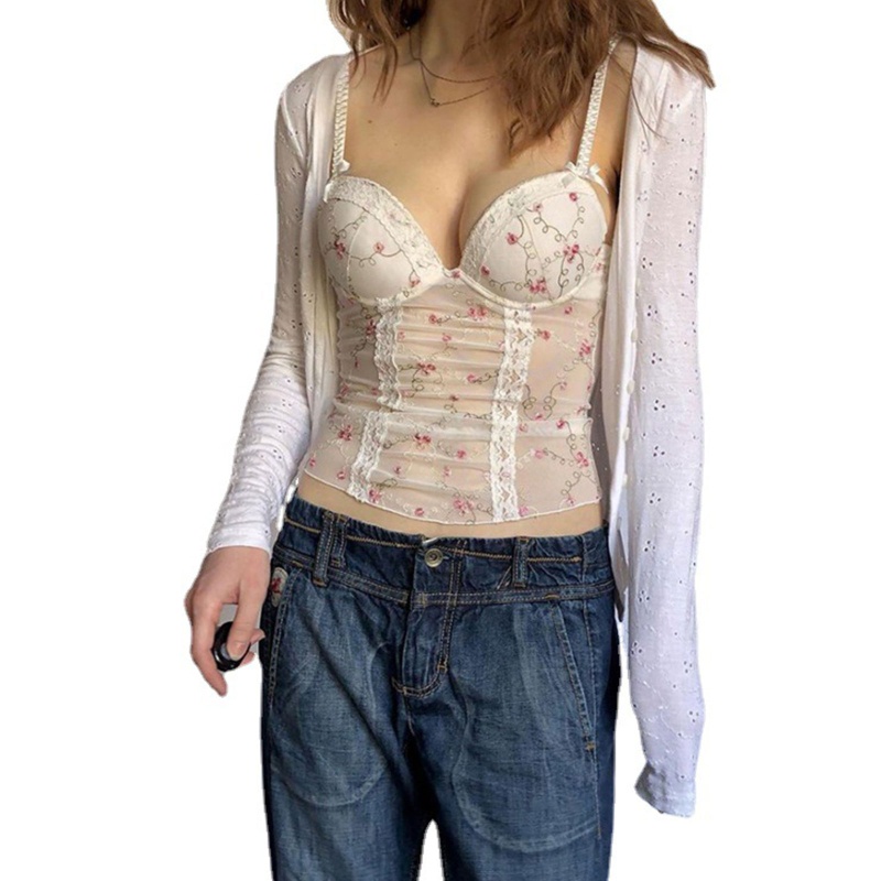 Xiangbao Áo Tank Top Hai Dây Phối Lưới Mỏng Họa Tiết Hoa Có Đệm Ngực Cho Nữ