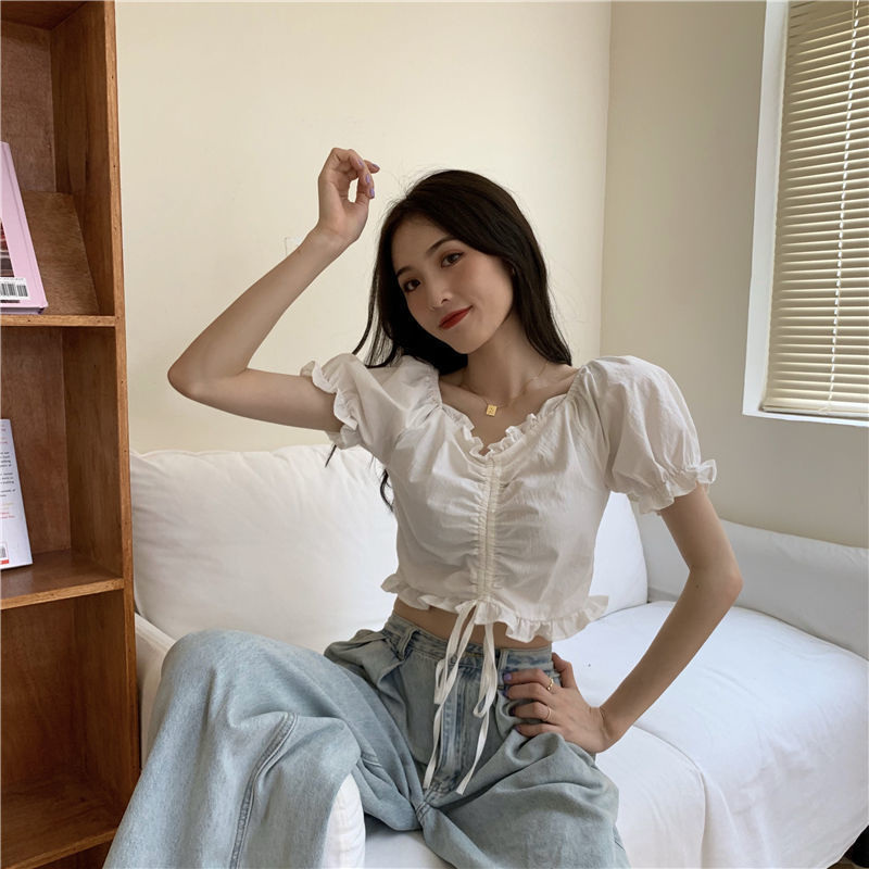 Áo croptop tay phồng cổ chữ V phối dây rút thời trang cho nữ