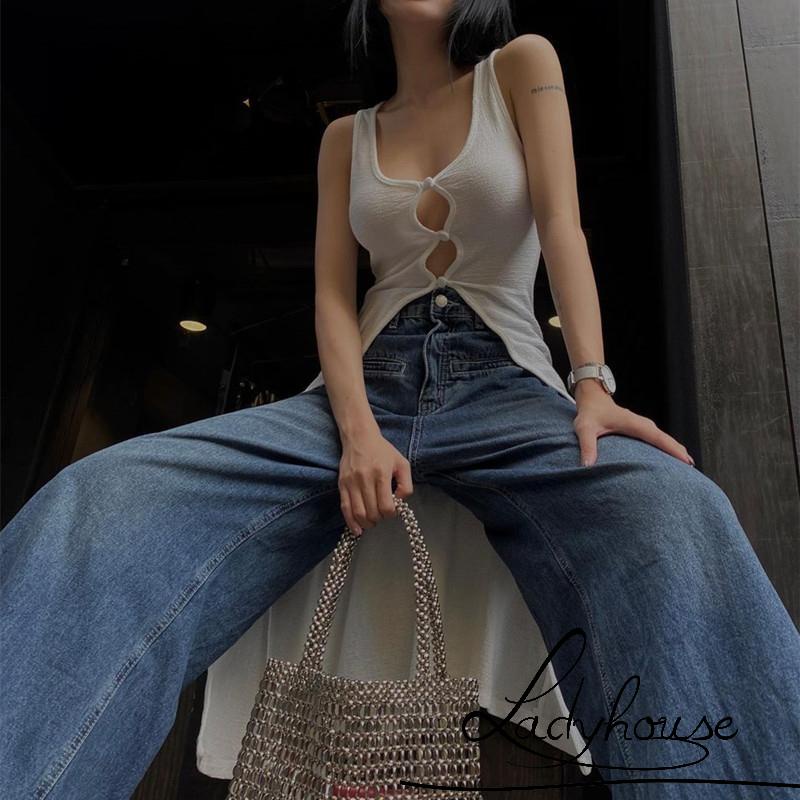 LD-Women Summer Sleeveless Vest, Solid Color U-Neck Front Hollow Out Slit Hem Slim Fit Mid-Length Tank Tops