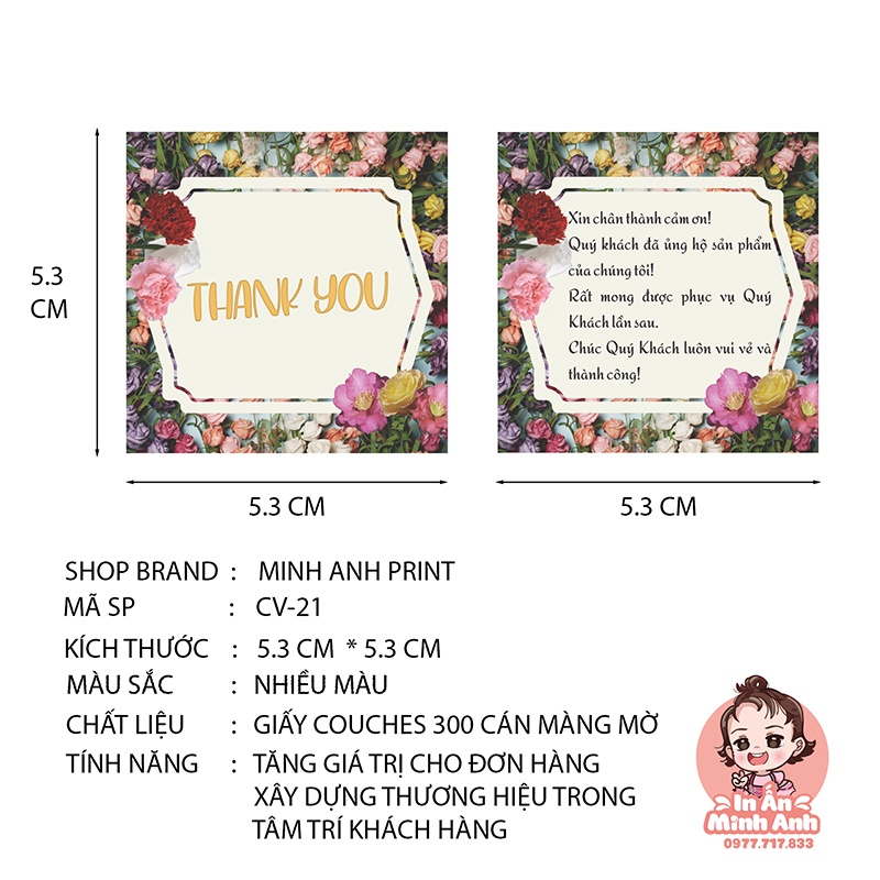 Card Thanh You, Card Cảm Ơn, Thiệp Cám Ơn - Size 5.3x5.3 cm - Giấy C300 Cán Màng Mờ Nhiều Bông Hoa CV-21