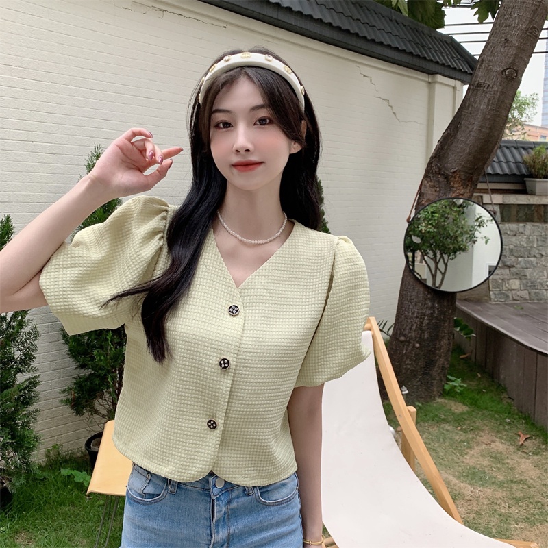Áo Sơ Mi Tay Phồng Cổ Chữ V Phong Cách Hàn Quốc Thời Trang Cho Nữ