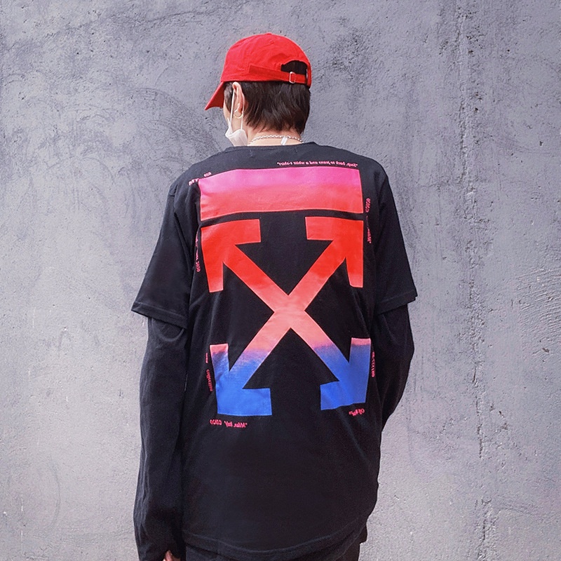 Áo thun Off White, Áo tee OW phối màu Blue Pink, chất liệu Cotton, màu đen BapeVN