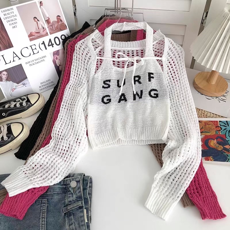 Set áo len dệt kim gồm yếm & choàng lưới SURFGANG