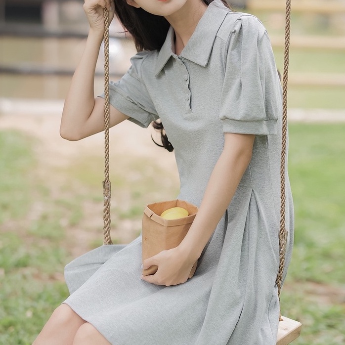 Đầm Cổ Polo Tay Phồng Thiết Kế Trang Nhã Cho Nữ