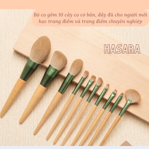Bộ cọ trang điểm cá nhân gồm 10 cây cọ phấn phủ, phấn nền, tạo khối, đánh má hồng, cọ phấn mắt HC008 - Hasara