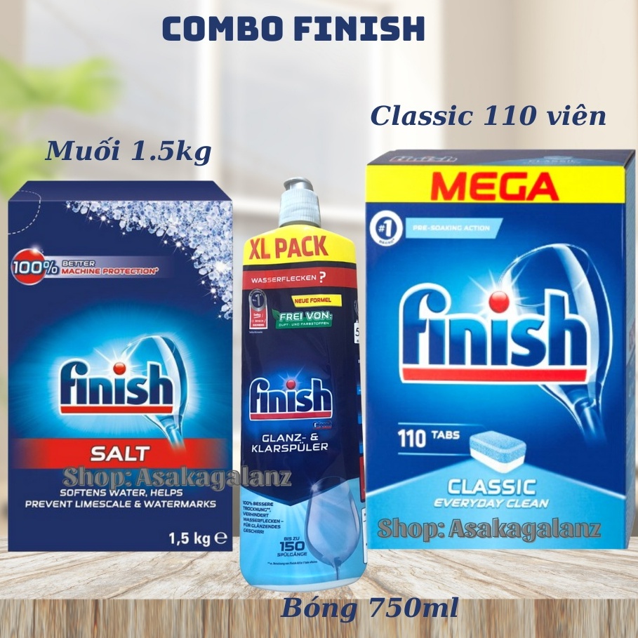 Combo rửa bát Finish chính hãng: Hộp Finish Classic 110 Viên, Muối Finish 4Kg, Bóng Finish 1150ml.