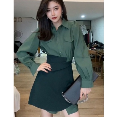 Set áo sơ mi dài tay + chân váy dài xẻ tà phong cách cổ điển dành cho nữ 48-hảng M-4XL