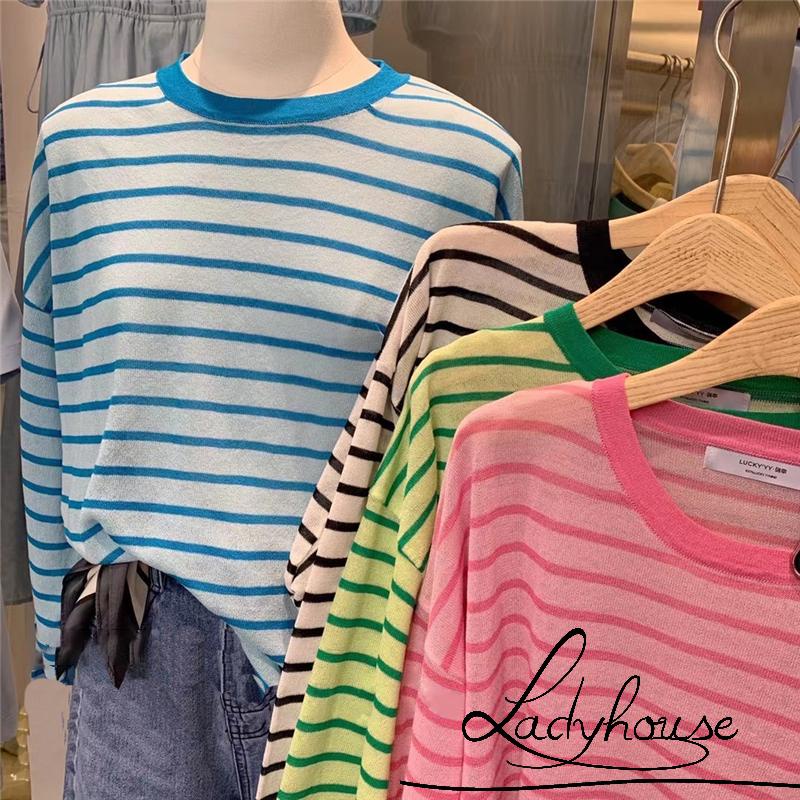 Áo thun tay dài cổ trong dáng rộng họa tiết sọc màu xanh dương/ đen/ hồng/ xanh lá thời trang mùa hè cho nữ