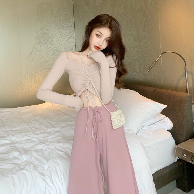 (s51) (ORDER) SET ÁO RÚT NGỰC + QUẦN ỐNG RỘNG BASE HỒNG | BigBuy360 - bigbuy360.vn