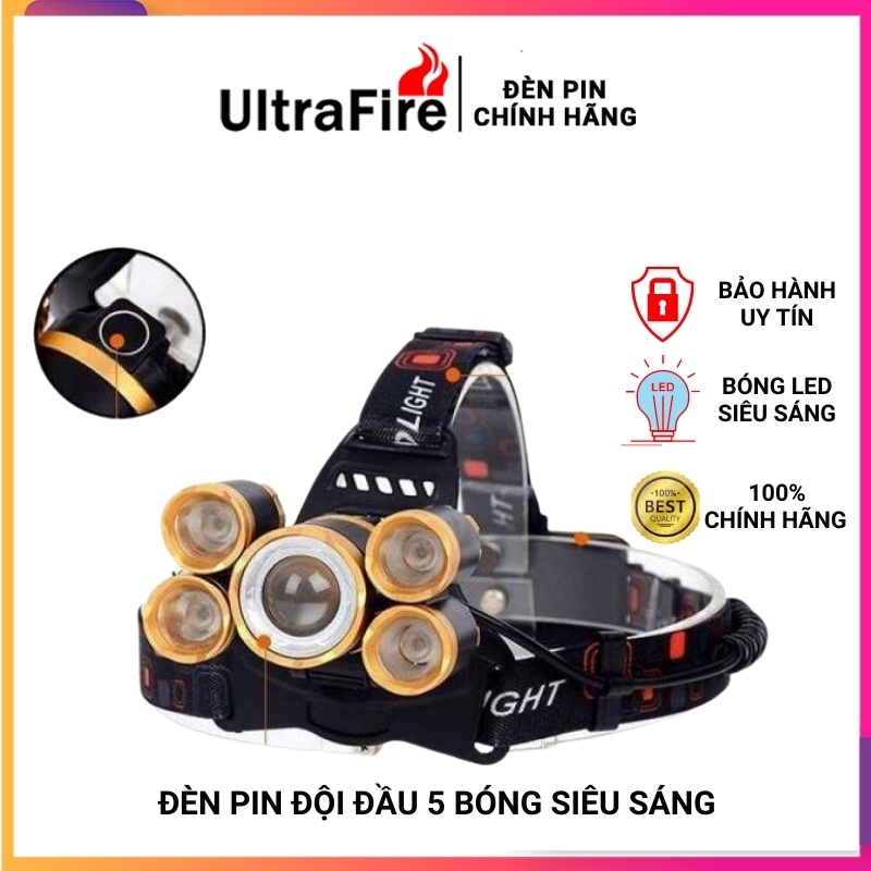 Đèn pin đội đầu mini * Đèn pin đội đầu 5 bóng led siêu sáng * kèm sạc chống nước - Bảo hành 12 tháng