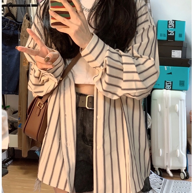 Áo sơ mi ZHELIHANGFEI tay dài dáng rộng họa tiết kẻ sọc thời trang dễ phối đồ cho nữ