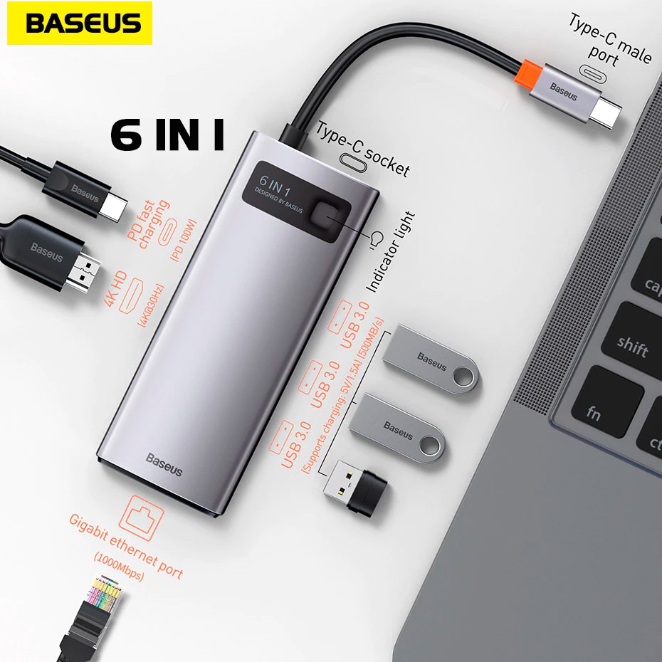 Cổng chuyển đổi Baseus Metal Gleam Series Hub Type C 6 in 1 HDMI , USB , RJ45 cho laptop, và điện thoại