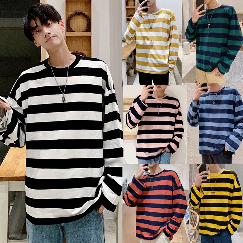 Áo sweater tay dài dáng rộng kẻ sọc thời trang cho cặp đôi