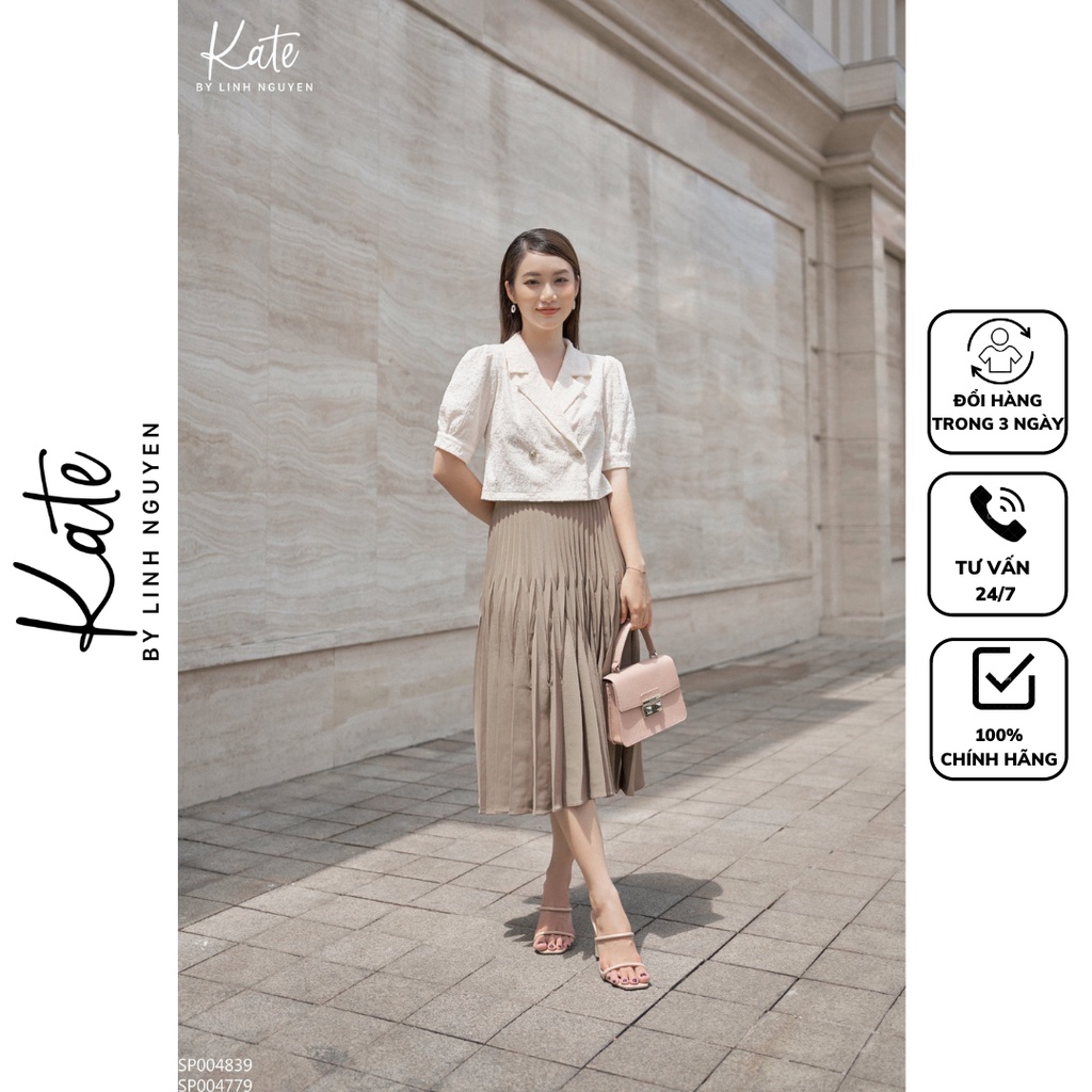 Áo croptop tằm ép trắng kem 4839 chân váy xếp ly lá nâu 4779 thời trang thiết kế KATE By Linh Nguyen