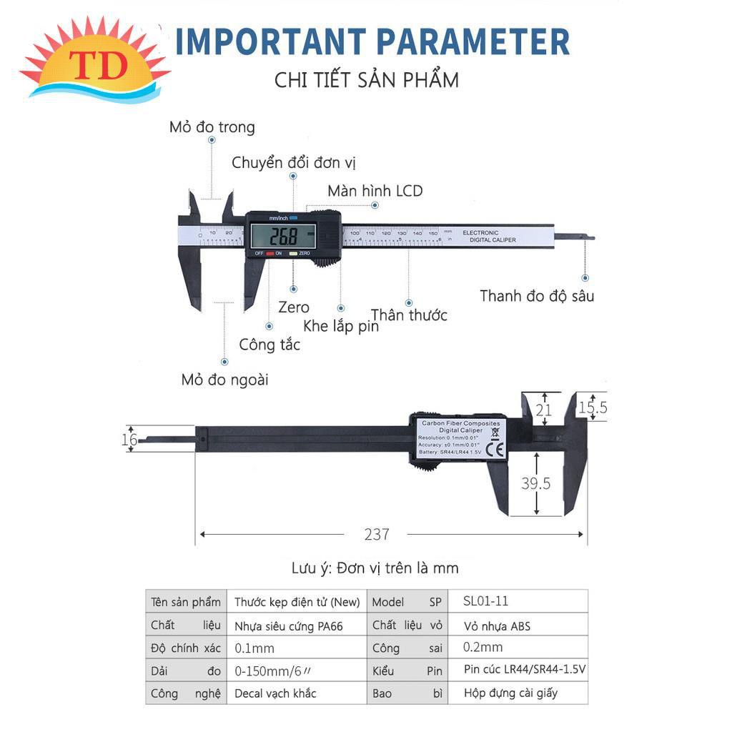 Thước kỹ thuật số đo được 15cm, Thước Đo Điện Tử Màn Hình Kĩ Thuật Số Digital Caliper 15cm