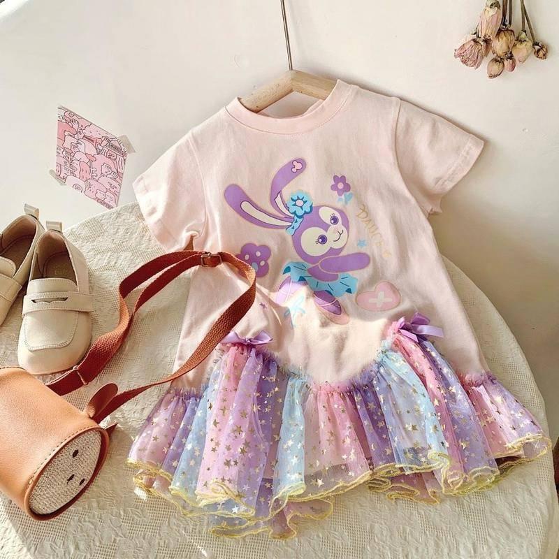 Đầm lưới cotton cổ tròn in hoạt hình phong cách phương Tây cho bé gái
