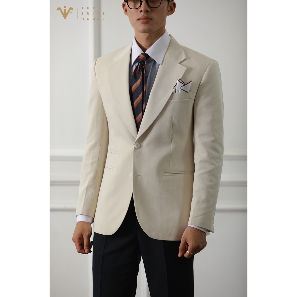 Bộ vest nam trắng kem phối xanh đen đậm 2 khuy 3 túi, suits sartorial chất cashmere The Suits House