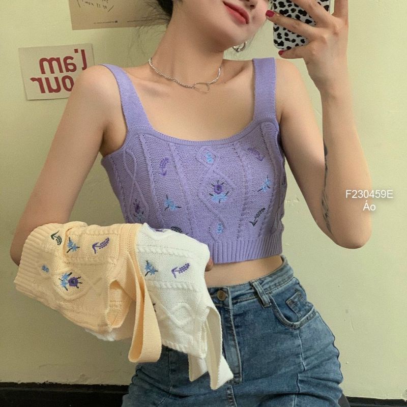 Áo len 2 dây croptop thêu hoa Quảng Châu 2304