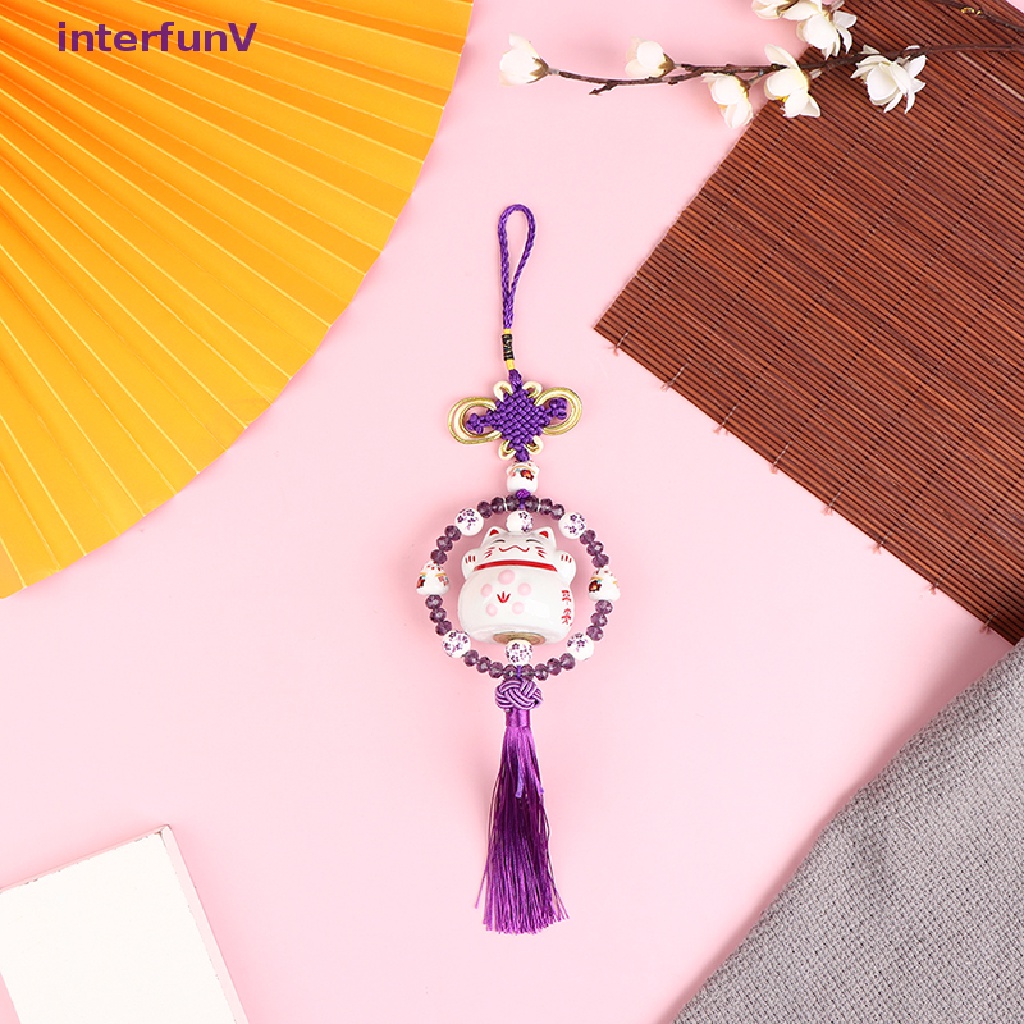 Mặt Dây Chuyền Gốm Sứ Hình Mèo May Mắn Nhật Bản Phối Tua Rua Dài Gắn Gương Chiếu Hậu Xe Hơi [Mới