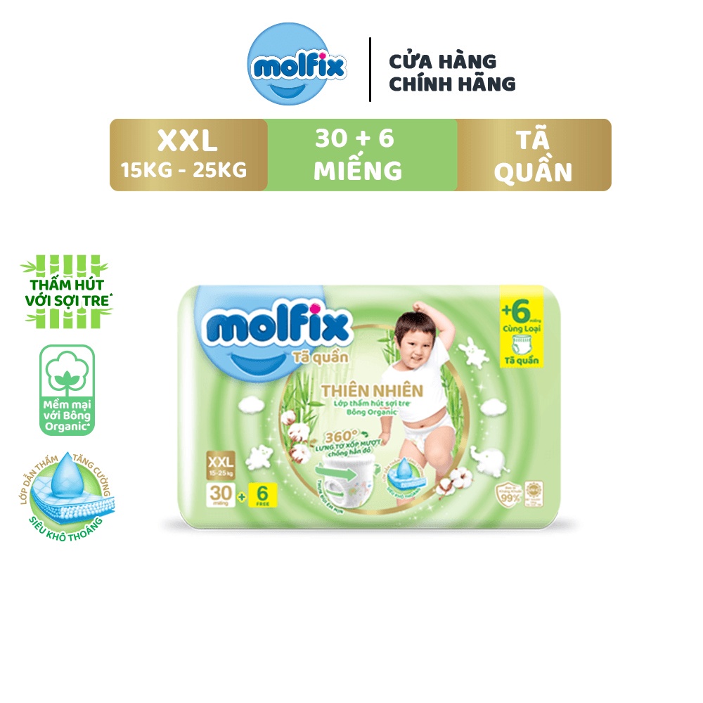 [TẶNG 6 MIẾNG] Tã/bỉm Quần Molfix Thiên Nhiên Jumbo XXL (15kg - 25kg) - Gói 30 Miếng