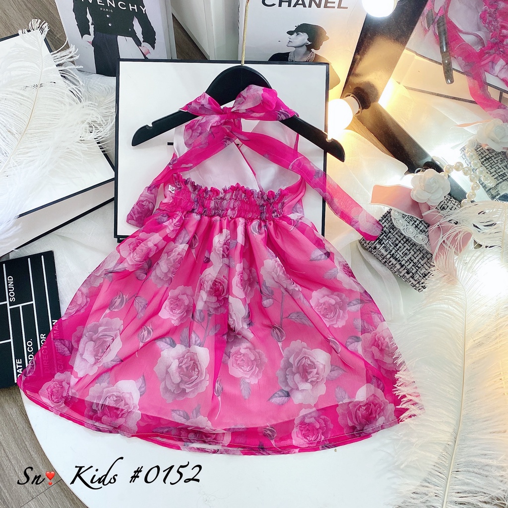 Váy bé gái, váy tơ 2 lớp họa tiết hoa hồng dáng maxi cho bé