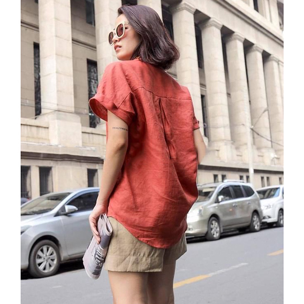 (TỔNG KHO LÂM ANH CHUYÊN SỈ) Áo sơ mi nữ form rộng tay cánh rơi Linen tưng premium trẻ trung sang trọng - Nâu đỏ
