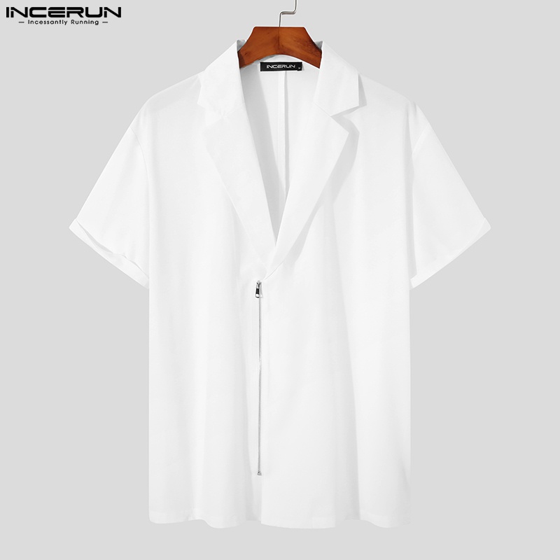 Áo sơ mi INCERUN tay ngắn màu trơn cổ bẻ phối khóa kéo thời trang mùa hè cho nam