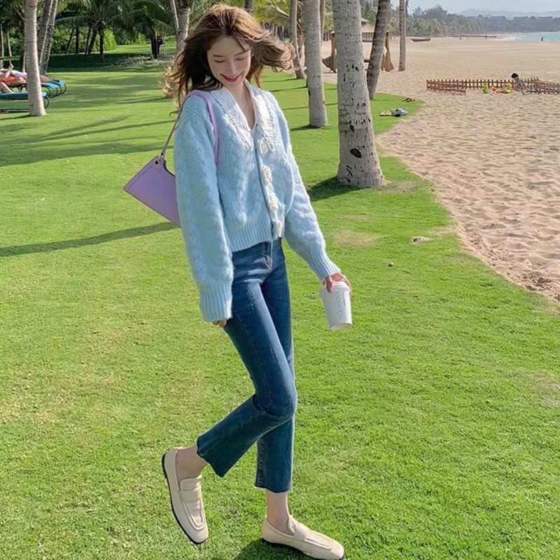 Áo Sweater Dệt Kim Màu Xanh Sữa Mềm Mại Phong Cách Nhật Bản Dễ Thương Cho Nữ