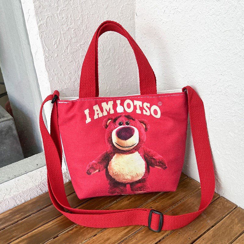 Túi đeo chéo bằng vải Canvas in hoạ tiết hoạt hình gấu Lotso dễ thương cho bé
