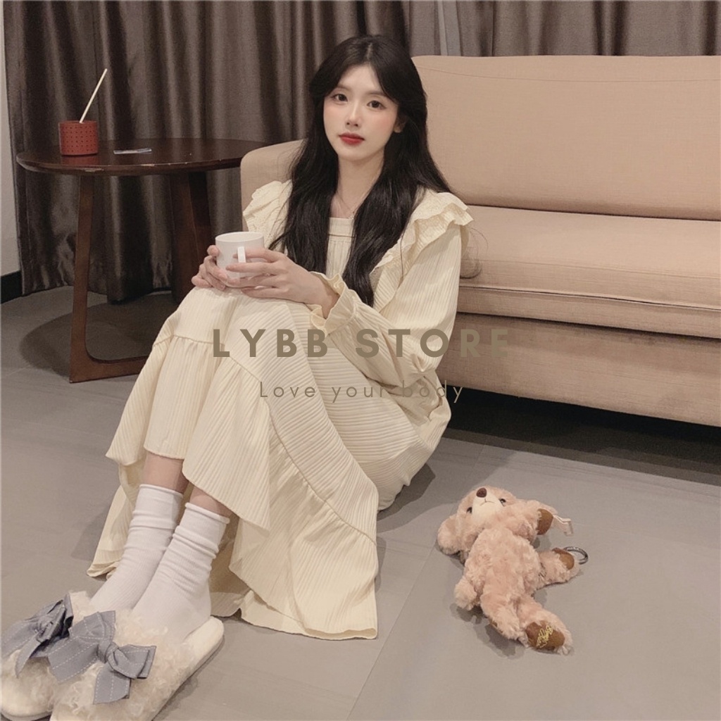 Váy ngủ công chúa chất liệu cotton dáng dài vai bèo siêu xinh, váy babydoll, đồ ngủ thu đông, đồ mặc nhà đẹp