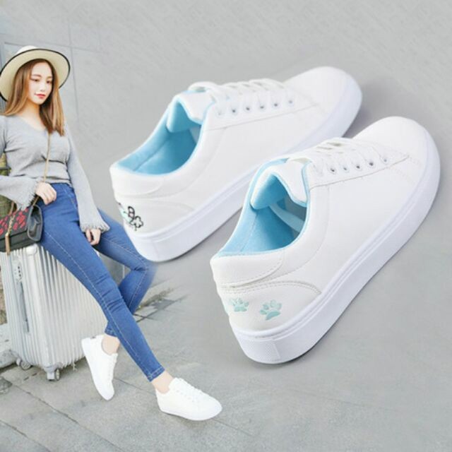 Giày Nữ Giày Sneaker Nữ Thêu Mèo Gót Sau Dễ Thương (Hồng, Xanh, Đen)