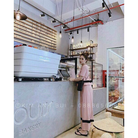 Set bộ áo cổ tròn xòe phồng + quần dài ống suông, set bộ kate phối viền bánh bèo đi chơi, đi biển cực dễ thương