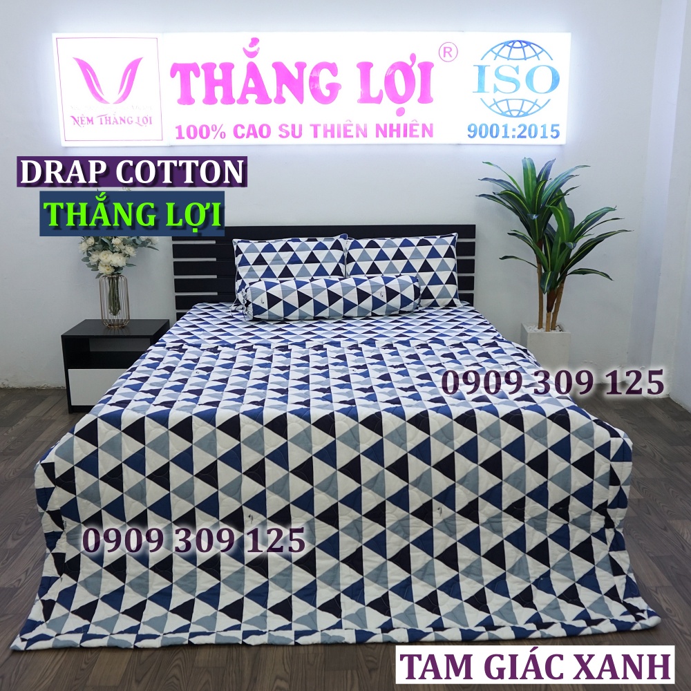 Drap Thắng Lợi, ga giường cao cấp cotton 100% inlogo mẫu Tam giác xanh (ảnh thật)