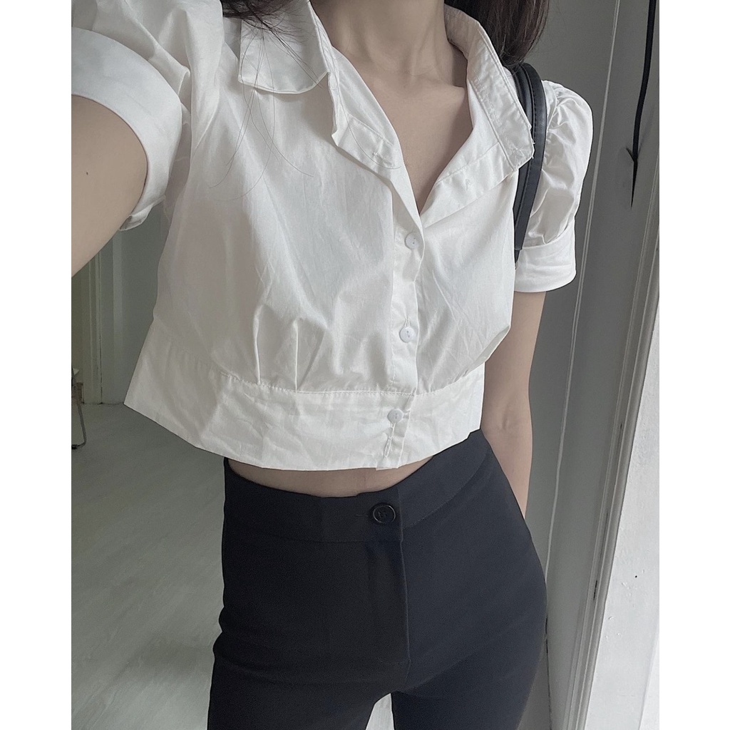 Áo sơ mi thô croptop cài cúc tay bồng Hàn Quốc