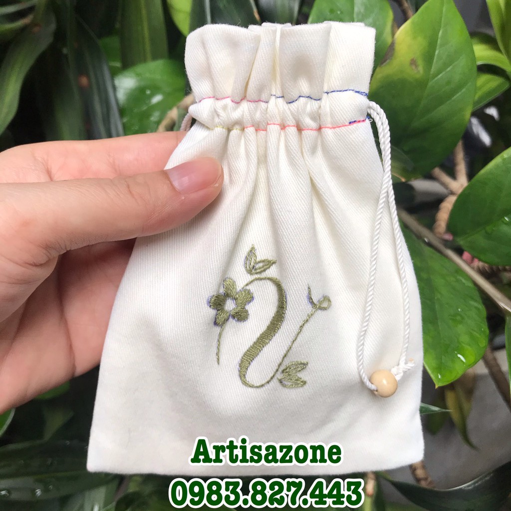 Túi vải dây rút mini thêu chữ cái - Kích thước: 11cm x 14cm- 01 chiếc (Đọc kỹ mô tả sản phẩm)
