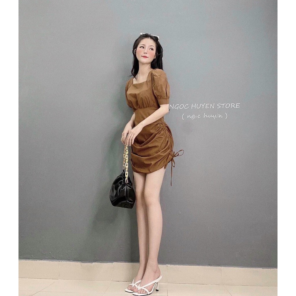 đầm ngắn rút dây cổ vuông