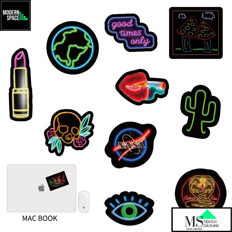 Sticker PVC Ánh đèn Neon ST-133 - Cả bộ 50 hình dán Stickers Chống nước Dán xe Dán Mũ bảo hiểm Vali Laptop Điện thoại