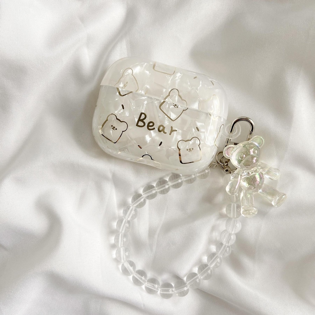 Vỏ Bảo Vệ Hộp Sạc Tai Nghe AirPods 1 2 pro 3 2021 gen3 Họa Tiết Gấu Màu Trong Suốt Gắn Dây Ngọc Trai