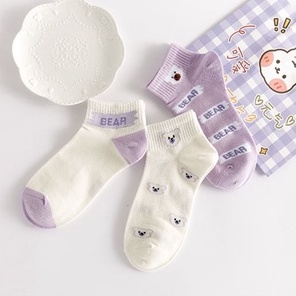 Vớ tất cổ trung hình gấu Bear màu tím trắng