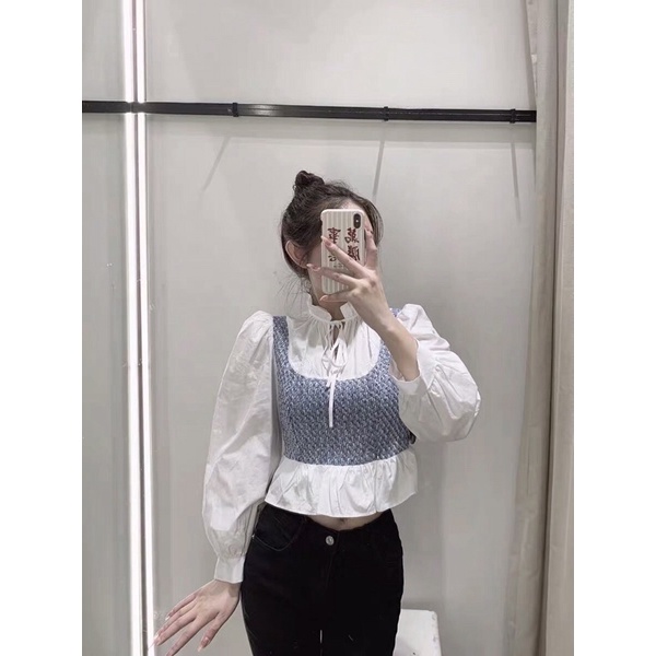 Áo SơMi Phối Dạ Tweet Xanh Cổ Bèo