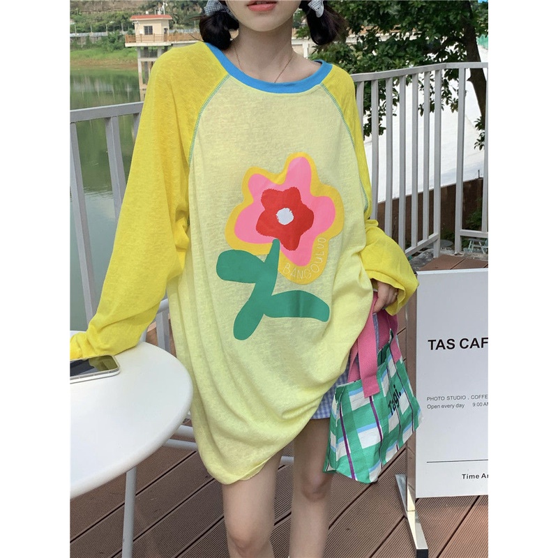 Jiashucheng Áo Thun Tay Dài Chống Nắng Dáng Rộng In Họa Tiết Màu Sắc Retro Phong Cách Hàn Quốc Thời Trang Mùa Thu Cho Nữ
