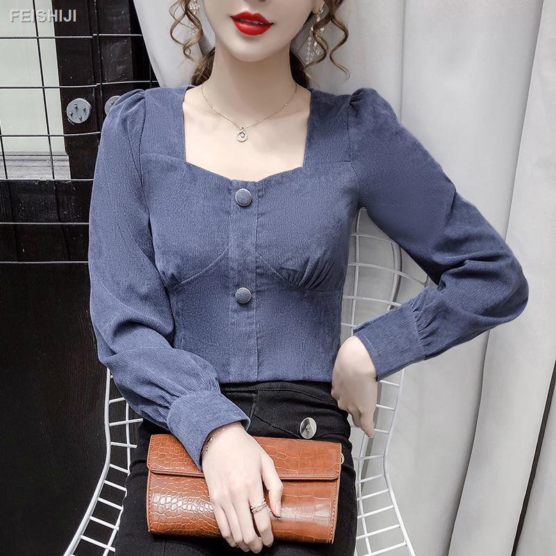 Áo Sơ Mi Tay Dài Phồng Cổ Vuông Vải Nhung Mỏng Thời Trang Thu Đông Mới 2020 Cho Nữ