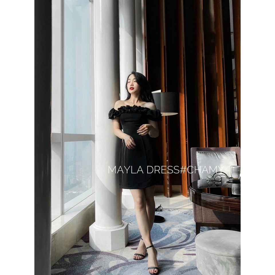 [ Miễn phí ship 2022 ] Đầm nữ công chúa dự tiệc, đầm đen trễ vai cổ bèo dáng ngắn quyến rũ, mặc siêu tôn dáng