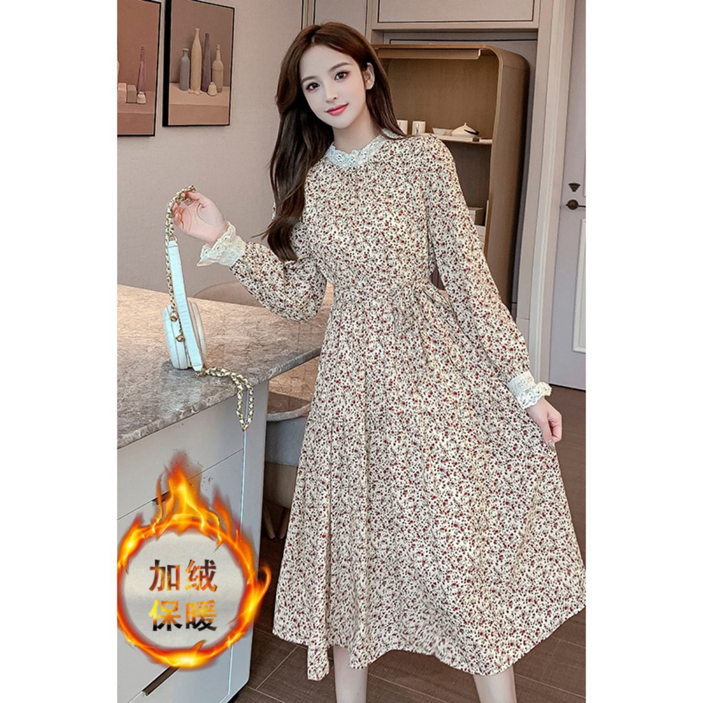 (ORDER) Váy hoa nhí dài tay cổ cao phối ren thắt thun eo xòe dài điệu đà mùa thu vintage nhẹ nhàng (MẪU_MỚI_HOT)