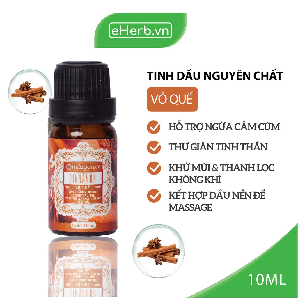 Tinh Dầu Vỏ Quế Nguyên Chất Thư Giãn Tinh Thần, Tăng Sức Đề Kháng, Khử Mùi MILAGANICS 10ml (Chai)